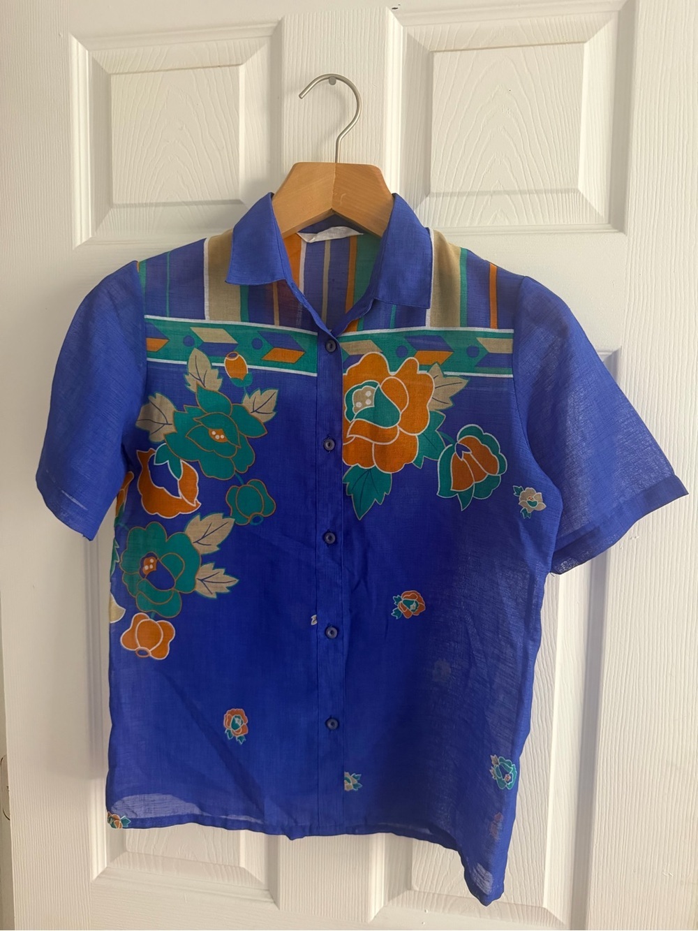 Vintage Japan Cobalt Blue Sheer Floral Geometric Shirt